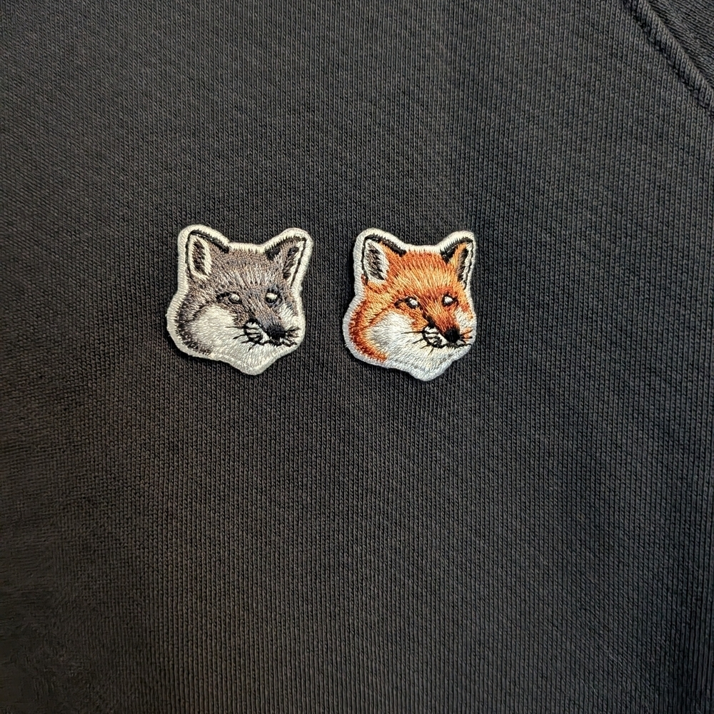 MAISON KITSUNE Faded Black Crewneck Sweater with Fox Patches Size Small - Picture 2 of 6